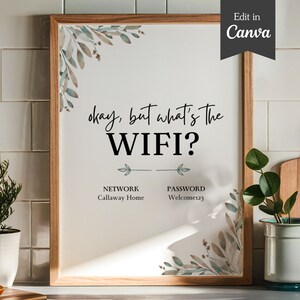 Ok, mas o que é o sinal de Wifi, modelo personalizável do Canva, carta A4 dos EUA 5x7, sinal de senha floral bonito e elegante e engraçado, cartão de login da Internet