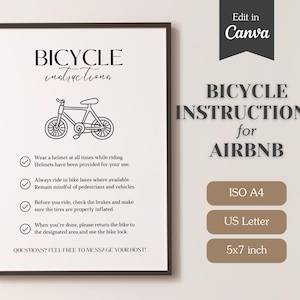 Instrucciones para el uso de bicicletas en Airbnb/alquileres a corto plazo; Señal de seguridad para alquiler de bicicletas; A4, carta, 5x7; Editable e imprimible.