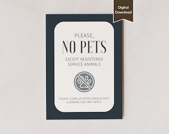 Panneau Airbnb interdit aux animaux de compagnie ; Animaux d'assistance uniquement ; Veuillez nettoyer après l'animal ; Lettre US, A4, 5 x 7, 8 x 10 ; Enseigne imprimable et modèle modifiable