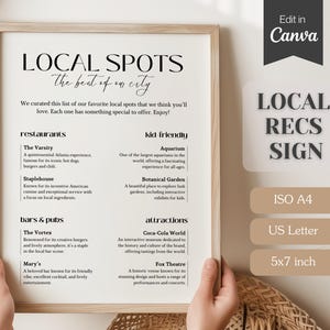 Cartello con raccomandazioni locali per AirBnB; modello Canva completamente personalizzabile; formato A4, formato lettera USA; attrazioni locali, ristoranti, bar, luoghi turistici