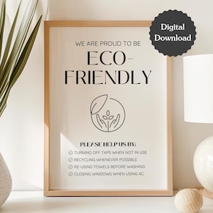 Letrero de Airbnb "Orgulloso de ser ecológico"; reglas y consejos para salvar el medio ambiente; carta de EE. UU., A4,5 x 7; letrero imprimible y plantilla de Canva personalizable