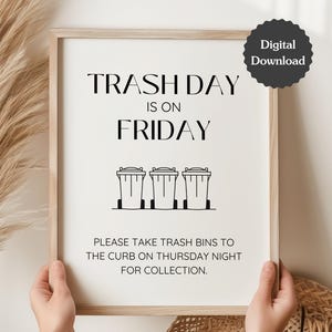 Señal "El Día de la Basura es Viernes"; Plantilla de Canva personalizable; Información sobre basura, reciclaje y compost; Sacar la basura; A4, Carta de EE. UU., 5x7; Editar e imprimir