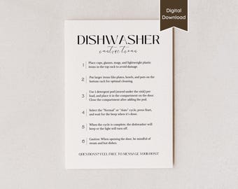 Dishwasher Instructions Sign for Airbnb or Rental; How to use Dish Washing Machine; Printable & Editable Template; US Letter, A4, 5x7, 8x10
