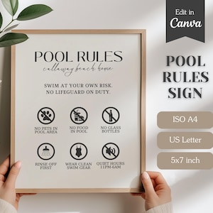 Señal de seguridad y normas de piscina para alquileres de Airbnb o VRBO, totalmente personalizable en Canva, tamaño carta A4 (EE. UU.), plantilla con instrucciones para piscina y jacuzzi.