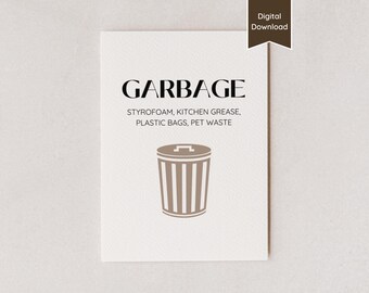 Panneau de poubelle ; Guide d'instructions de tri des déchets respectueux de l'environnement ; Entreprise de location Airbnb ; Lettre US, A4, 5 x 7, 8 x 10 ; PDF imprimables et modifiables