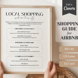 Letrero con guía de compras local para Airbnb; plantilla Canva totalmente personalizable; tamaño A4, carta de EE. UU.; tiendas de comestibles, tiendas de conveniencia, tiendas de souvenirs