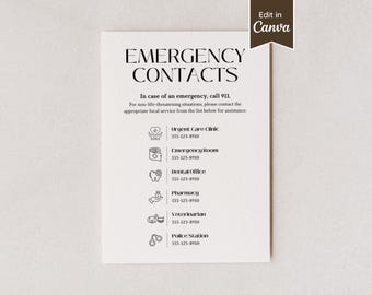 Emergency Contacts List for AirBnB Rental; Local Hospital, Urgent Care, Hospital Phone Numbers; Editable Template; A4, US Letter, 5x7, 8x10