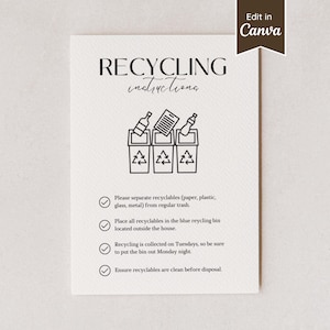 Cartello con istruzioni per il riciclaggio di Airbnb; Guida ecologica alla raccolta differenziata dei rifiuti per affitti a breve termine; Formato lettera USA, A4, 5x7, 8x10; Modello personalizzabile