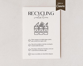 Panneau Instructions de recyclage Airbnb ; Guide de tri des déchets respectueux de l'environnement pour la location à court terme ; Lettre US, A4, 5 x 7, 8 x 10 ; Modèle personnalisable