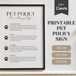 Letrero de política de mascotas para Airbnb; totalmente personalizable en Canva; tamaño A4, carta de EE. UU.; plantilla imprimible y editable; letrero de normas para mascotas en alquiler.