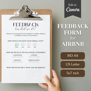 Formulario de comentarios imprimible para Airbnb; Solicite una reseña; Personalizable; Para alquileres, pequeñas empresas y profesionales; PDF y plantilla imprimibles.