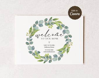 Letrero de bienvenida wifi; tamaño carta (A4, 5x7, 8x10); imprimible para entrada de casa y oficina; plantilla personalizable; edición e impresión; diseño floral bohemio.