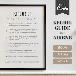 Letrero con instrucciones de Keurig para huéspedes de Airbnb; Guía de cafeteras para negocios de alquiler; Carta de EE. UU., A4, 5x7; Letrero imprimible en PDF y editable.