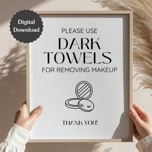Use toallas oscuras para desmaquillarse Airbnb; Letrero para mantener limpias las toallas blancas; Carta de EE. UU., A4,5x7; Letrero imprimible y plantilla de Canva personalizable