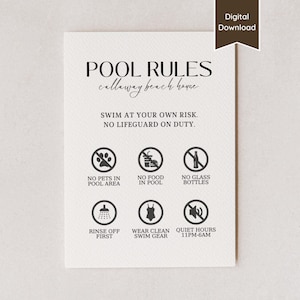 Pool Rules & Safety Sign for Airbnb Rental; Customizable Template; A4, US Letter, 5x7, 8x10; Swimming Pool + Jacuzzi Instructions Template