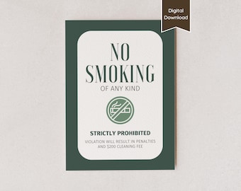 Interdiction de fumer ; Anti-vapage ; Panneau d'interdiction de fumer ; Panneau anti-tabac pour Airbnb ; Lettre US, A4,5x7 ; Téléchargement imprimable ; Modèle de toile