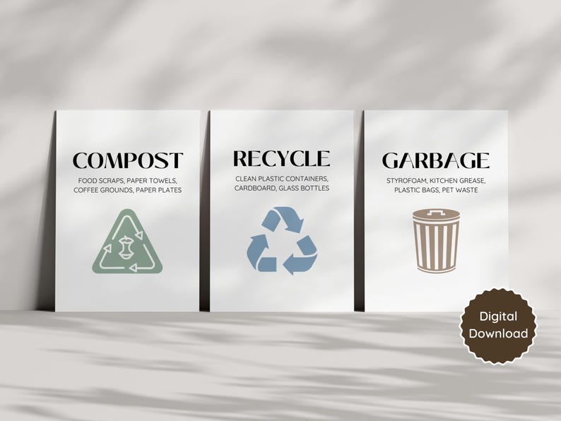 Compost Sort Sign Printable Garbage, Compost, Recycling Info Signs; Trash Sorting Signs ...