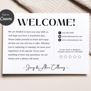 AirBnB Personalisierte Willkommensgruß; Visitenkarte & Kontakt-Info-Blatt für Gäste; Druckbar; VOLLSTÄNDIG anpassbar auf Canva; 5x7, A5, Postkarte