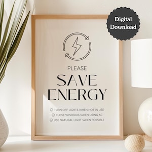 Letrero de ahorro de energía para Airbnb; reglas y consejos ecológicos; carta de EE. UU., A4,5 x 7; letrero imprimible y plantilla de Canva personalizable