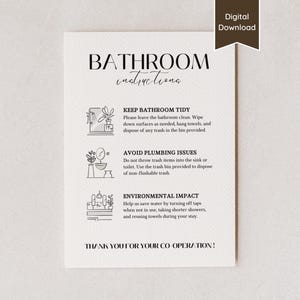 Letrero con instrucciones y normas para el baño en Airbnb; Ahorra agua, ordena, tira solo del inodoro; tamaño carta (A4, 5 x 7, 8 x 10); PDF imprimible/plantilla.