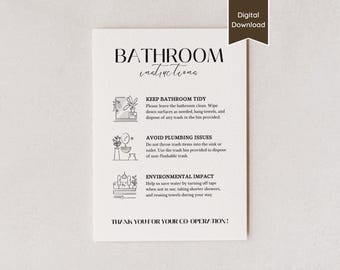 Bathroom Instructions & Rules Sign for Airbnb; Save Water, Tidy Up, Flush Only Toilet Paper; US Letter A4 5x7 8x10; Printable PDF / Template