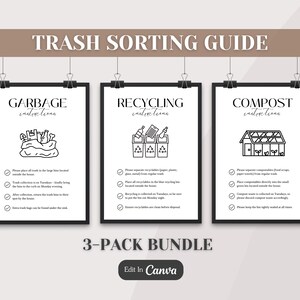 Pacote de placas de instruções sobre lixo, reciclagem e compostagem; Guias de classificação de lixo; Personalizável no Canva; Carta dos EUA, A4, 5x7; Download para impressão