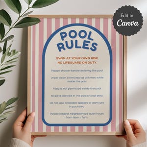 Señal de seguridad y normas de piscina para alquileres de Airbnb o VRBO; plantilla Canva totalmente personalizable e imprimible; tamaño A4, carta de EE. UU.; diseño de rayas azules y rosas.