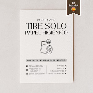 Letrero de papel higiénico con descarga de inodoro (en español); Tire Solo Papel Higiénico; En español; Letreros de Airbnb; Carta de EE. UU., A4, 5x7, 8x10; Imprimible y editable