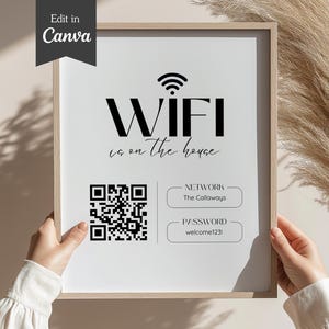 Letrero de contraseña de WiFi con código QR; tamaño carta (A4, 5x7); plantilla Canva totalmente personalizable e imprimible; para pequeñas empresas, Airbnb, oficinas, hogares y eventos.