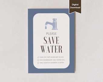 Veuillez économiser de l'eau pour Airbnb ; Fermez les robinets et prenez de courtes douches ; Panneau d'économie d'eau à louer ; Téléchargement imprimable et modèle