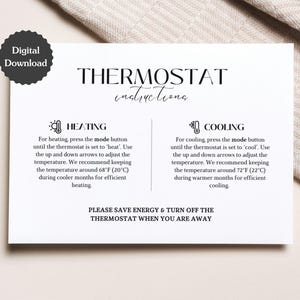 Letrero con instrucciones para termostato de Airbnb; Guía de aire acondicionado y calefacción; Control de temperatura; Editable/imprimible; A5, tamaño carta (EE. UU.), 5x7, 4x6