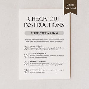 AirBnB短期レンタルのチェックアウト手順サイン。出発前の情報。A4、レター、5x7、8x10。印刷可能なPDFと編集可能なサイン。