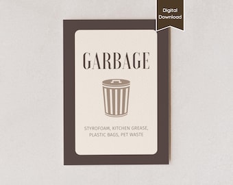Panneau de poubelle ; Guide d'instructions de tri des déchets respectueux de l'environnement ; Entreprise de location Airbnb ; Lettre US, A4, 5 x 7, 8 x 10 ; PDF imprimables et modifiables