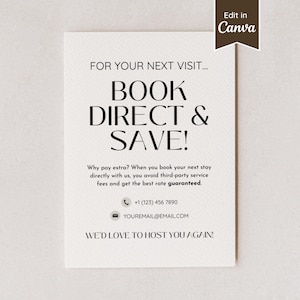 Letrero para reservar directamente y ahorrar; Letrero para volver a reservar para Airbnb, alquileres a corto plazo, cuidado de perros, pequeñas empresas; A4, Carta de EE. UU., 5x7, 8x10; Personalizable