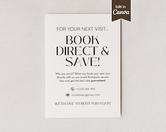 Panneau Réservez directement et économisez ; Panneau de nouvelle réservation pour Airbnb, location à court terme, garde de chien, petite entreprise ; A4, lettre US, 5 x 7, 8 x 10 ; Personnalisable