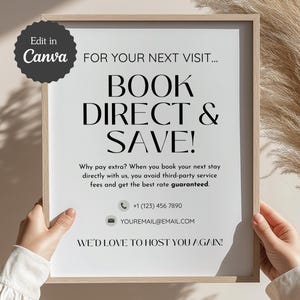 Letrero de reserva directa y ahorro; Letrero para volver a reservar para Airbnb, alquileres a corto plazo, cuidado de perros, pequeñas empresas; A4, Carta de EE. UU., 5x7; Imprimible/Editable
