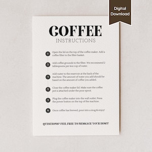 Bord met instructies voor koffiezetapparaat voor korte termijn verhuur via Airbnb; Afdrukbare pdf en bewerkbaar bord; Gids voor koffiezetapparaat; A4, US Letter, 5 x 7, 8 x 10 inch