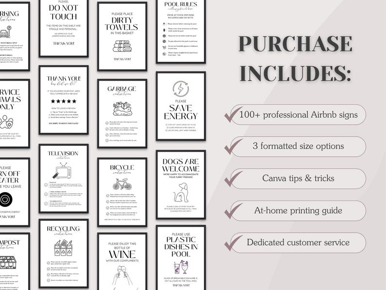 Pacote com mais de 100 placas para Airbnb: Boas-vindas, Comodidades, Regras, Instruções e muito mais; Modelos editáveis do Canva; Formatos Carta (EUA), A4 e 5x7; Download para impressão imagem 8