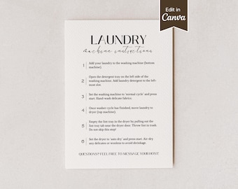 Panneau indiquant les instructions de lavage pour AirbnB ; Guide de location de laveuse et de sécheuse à court terme ; Personnalisable ; A4, lettre US, 5 x 7, 8 x 10 ; Modèle modifiable