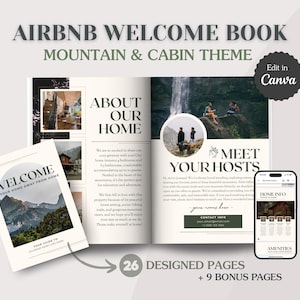 Plantilla de libro de bienvenida de Airbnb para alojamiento en cabañas de montaña; Alquiler vacacional en cabañas de montaña; Guía para anfitriones; Plantilla de Canva; A4, Carta EE. UU.; Carpeta para alquileres a corto plazo