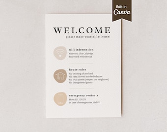 Welcome Sign, House Rules, Wifi Info; Printable One-Sheet for Airbnb Short Term Rental Guests; Customize on Canva; 5x7, A4, US Letter, 8x10