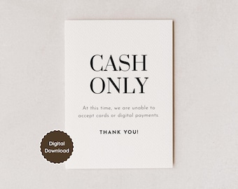 Cash Only Business Sign; No Credit Card Policy for Boutique Retail Shop Farmers Market Pop Up Small Business; US Letter, A4, 5x7, 8x10
