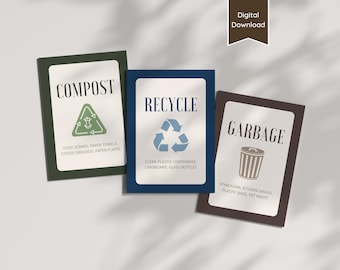 Placas informativas imprimíveis sobre lixo, compostagem e reciclagem; Placas de separação de lixo para Airbnb, imóveis para alugar, residências, escritórios e pequenas empresas; Guia ecológico
