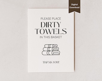 Panneau « Dirty Towels Go Here » sur Airbnb ; Placez les serviettes usagées dans le panier ; Signe de blanchisserie ; Lettre US, A4, 5 x 7, 8 x 10 ; Enseigne imprimable et modèle modifiable