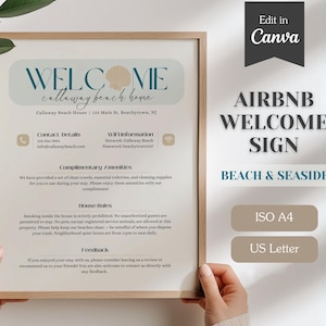 Letrero de bienvenida de Airbnb Beach House; temática náutica; plantilla imprimible; totalmente personalizable en Canva; tamaño carta (EE. UU.) + A4; wifi, normas, información de contacto.