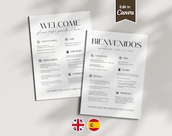 Welcome Sign for AirBnB in Spanish + English, House Rules, Wifi; Printable Info Sheet; Customizable Canva Template; US Letter, A4, 5x7, 8x10