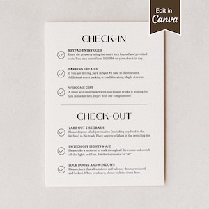 Bord met instructies voor in- en uitchecken voor AirBnB of VRBO; Aanpasbare canvassjabloon; Checklist voor pension; Bewegwijzering vakantiewoningen