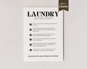 Minimalist Laundry Instructions Sign for Airbnb; How-to Guide/Steps for Washer Dryer; A4, US Letter, 5x7, 8x10; Customizable Canva Template