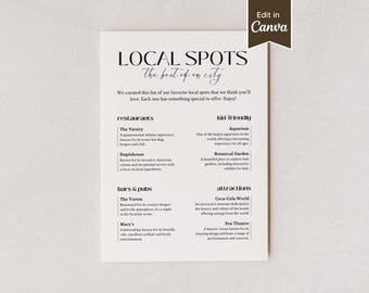 Local Recommendations Sign for Real Estate or Airbnb Rentals; Customizable Canva Template; Attractions, Restaurants, Bars, Tourist Spots