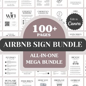 Paquete de más de 100 letreros de Airbnb: bienvenida, servicios, reglas, instrucciones y más; plantillas editables de Canva; tamaño carta (EE. UU.), A4, 5x7; descarga imprimible.